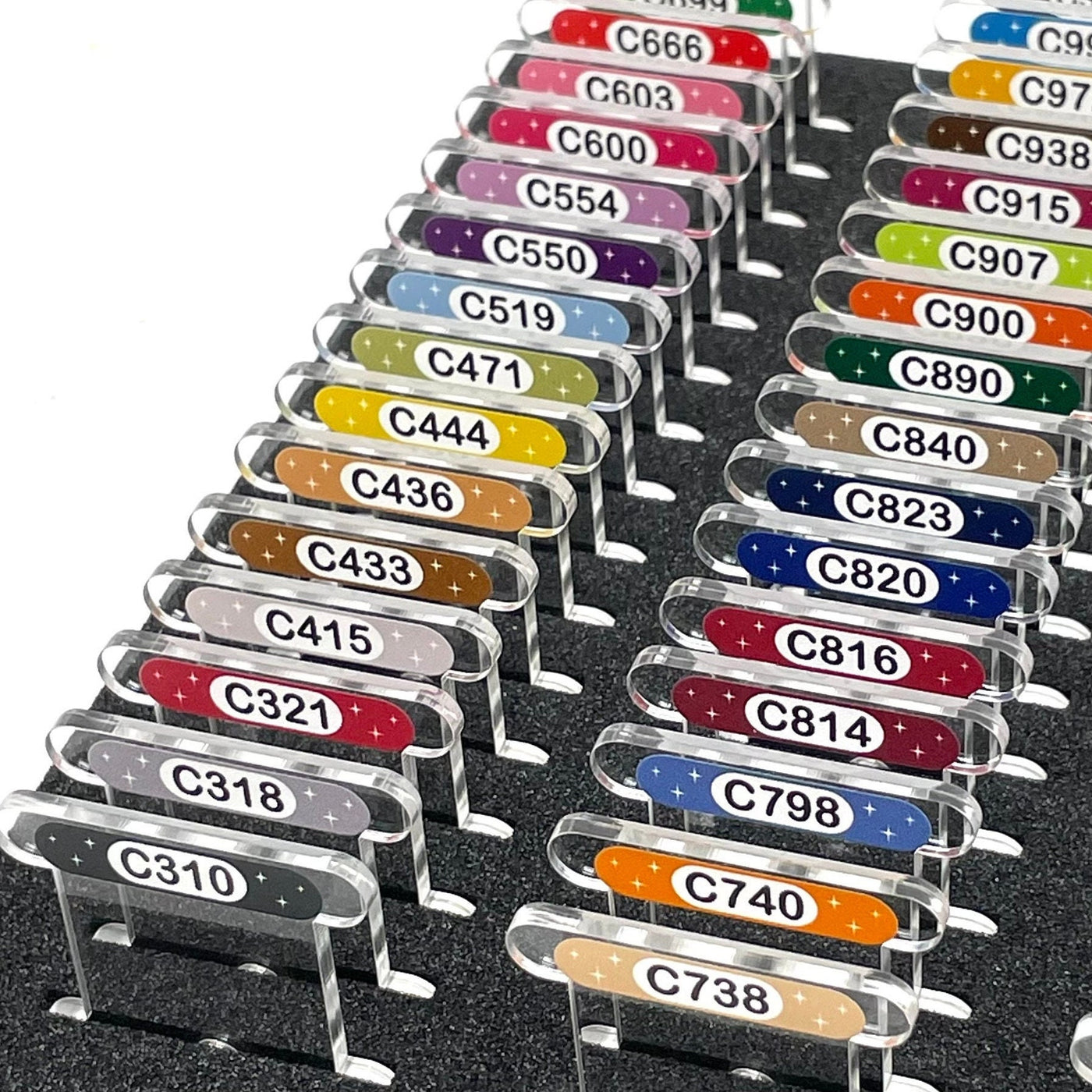 Clear acrylic bobbins by Pip and Chip with printed Etoile colour swatch