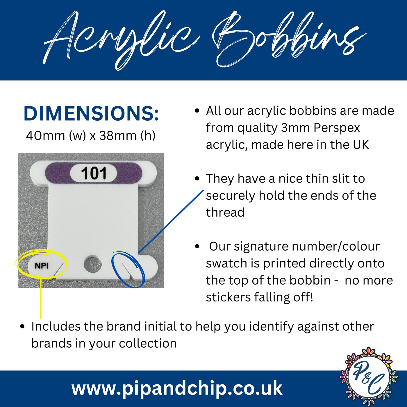 NPI - 3mm acrylic bobbins for Needlepoint Inc. Silks  | Printed number and colour swatch | x476 bobbins