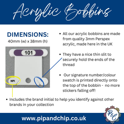 NPI - 3mm acrylic bobbins for Needlepoint Inc. Silks  | Printed number and colour swatch | x476 bobbins