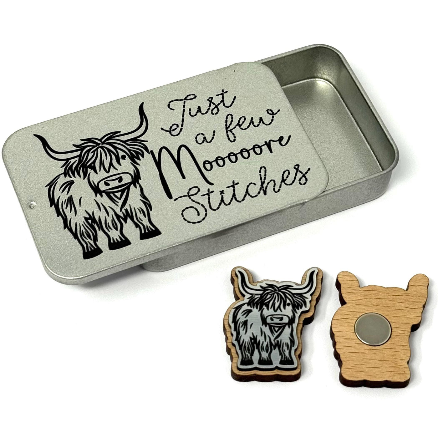 Highland Cow Needle Minder with matching small tin perfect for cross stitch and embroidery. By Pip and Chip