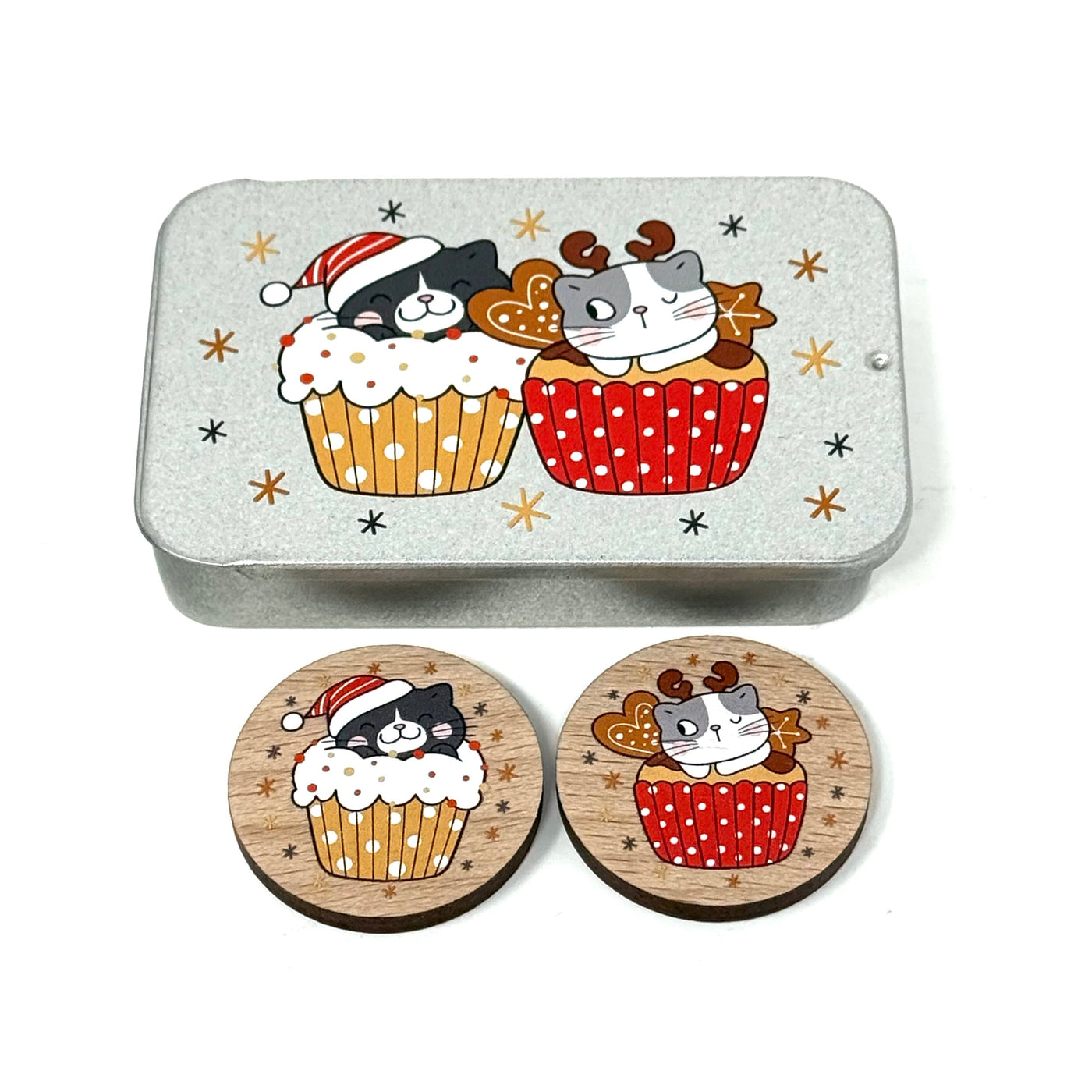 Reversible 'Cat-Cakes' Needle Minder Set with Tin