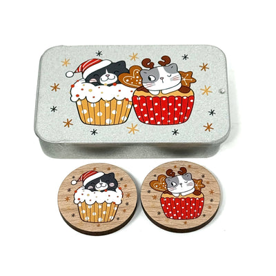 Reversible 'Cat-Cakes' Needle Minder Set with Tin