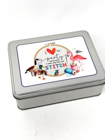 Quackers & Friends Stitch Party WIP bobbin storage tin with foam insert to hold 30 bobbins for cross stitch / embroidery projects