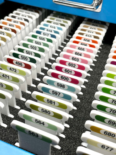 3mm acrylic bobbins with printed number and colour swatch for DMC - small sets (84 bobbins only - no floss included)