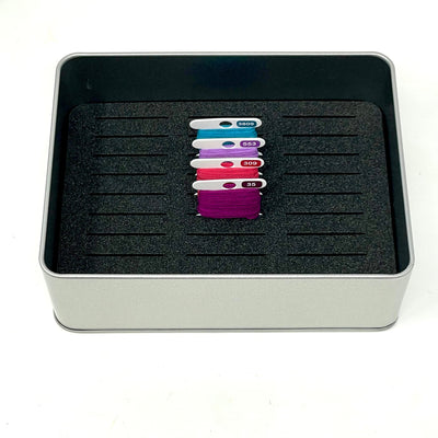 PHD Bobbin storage tin with foam insert to hold 30 bobbins for cross stitch / embroidery projects
