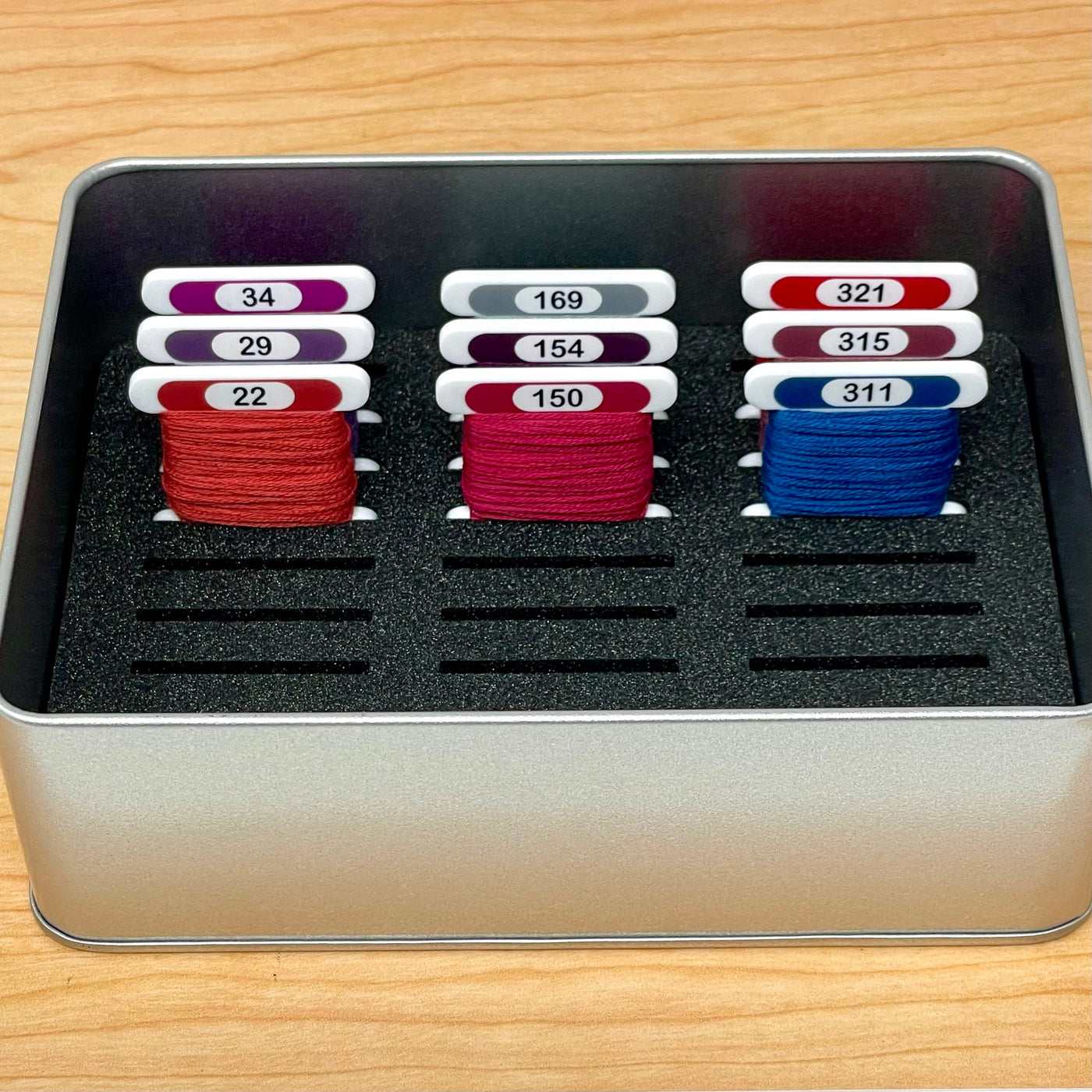 BOO Halloween WIP bobbin storage tin with foam insert to hold 30 bobbins for cross stitch / embroidery projects