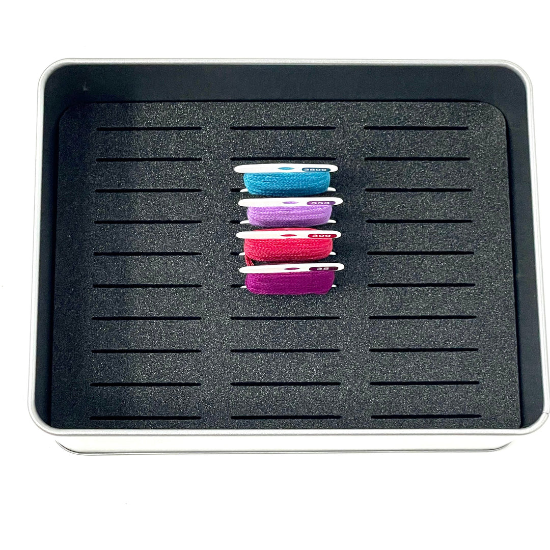 Penguin WIP bobbin storage tin with foam insert to hold 30 bobbins for cross stitch / embroidery projects