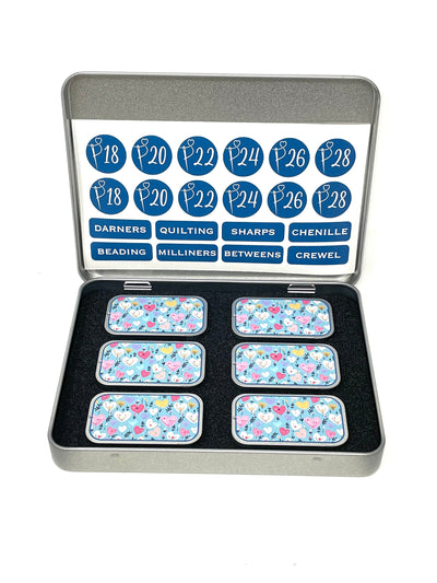 Needle Storage Tin set - 1 large tin, 6 small tins, foam insert and vinyl labels (no needles included)