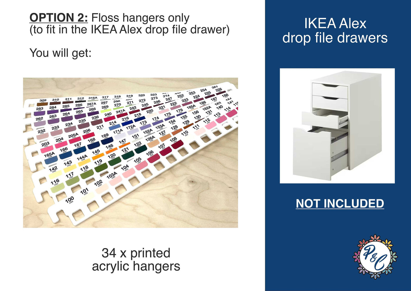 Floss hangers with x500 printed COSMO swatches - x34 acrylic hangers (no floss or storage included)