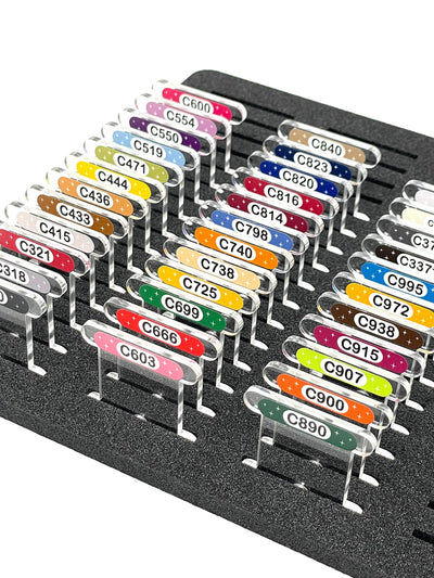 CLEAR 3mm acrylic bobbins for DMC Etoile threads with printed number and swatch (x35 bobbins)