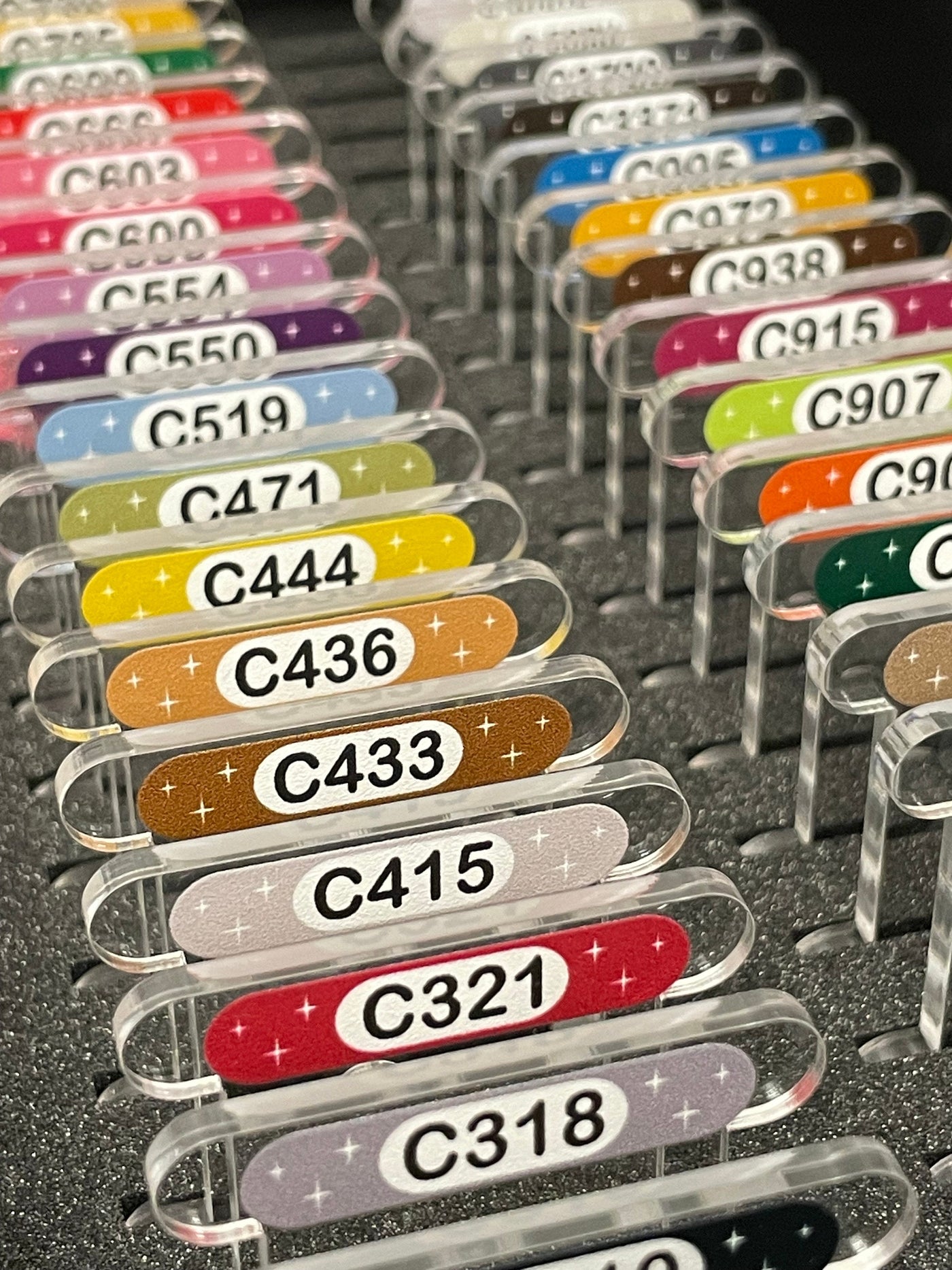 CLEAR 3mm acrylic bobbins for DMC Etoile threads with printed number and swatch (x35 bobbins)