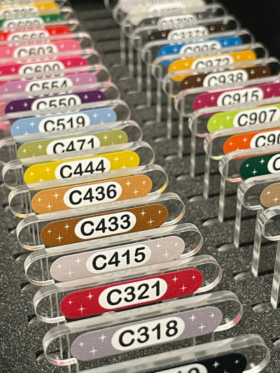 CLEAR 3mm acrylic bobbins for DMC Etoile threads with printed number and swatch (x35 bobbins)