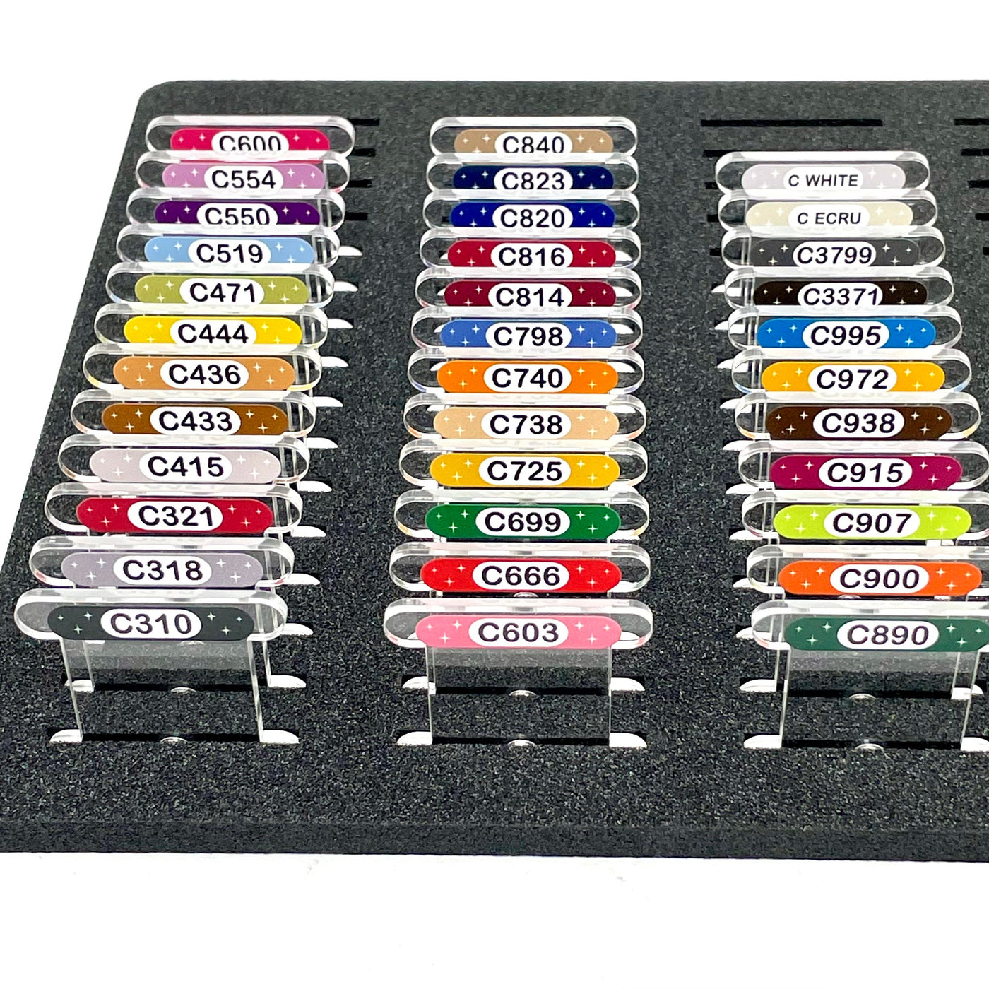 CLEAR 3mm acrylic bobbins for DMC Etoile threads with printed number and swatch (x35 bobbins)