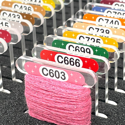 CLEAR 3mm acrylic bobbins for DMC Etoile threads with printed number and swatch (x35 bobbins)