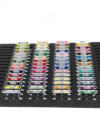 CLEAR 3mm acrylic bobbins for DMC Satin threads with printed number and swatch (x60 bobbins)