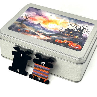 Halloween tin set with 30x black acrylic Bat bobbins and foam insert