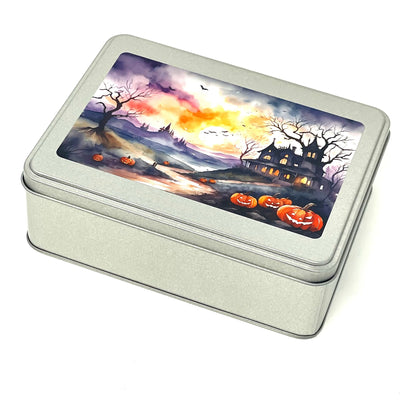 Haunted House WIP bobbin storage tin with foam insert to hold 30 bobbins for cross stitch / embroidery projects