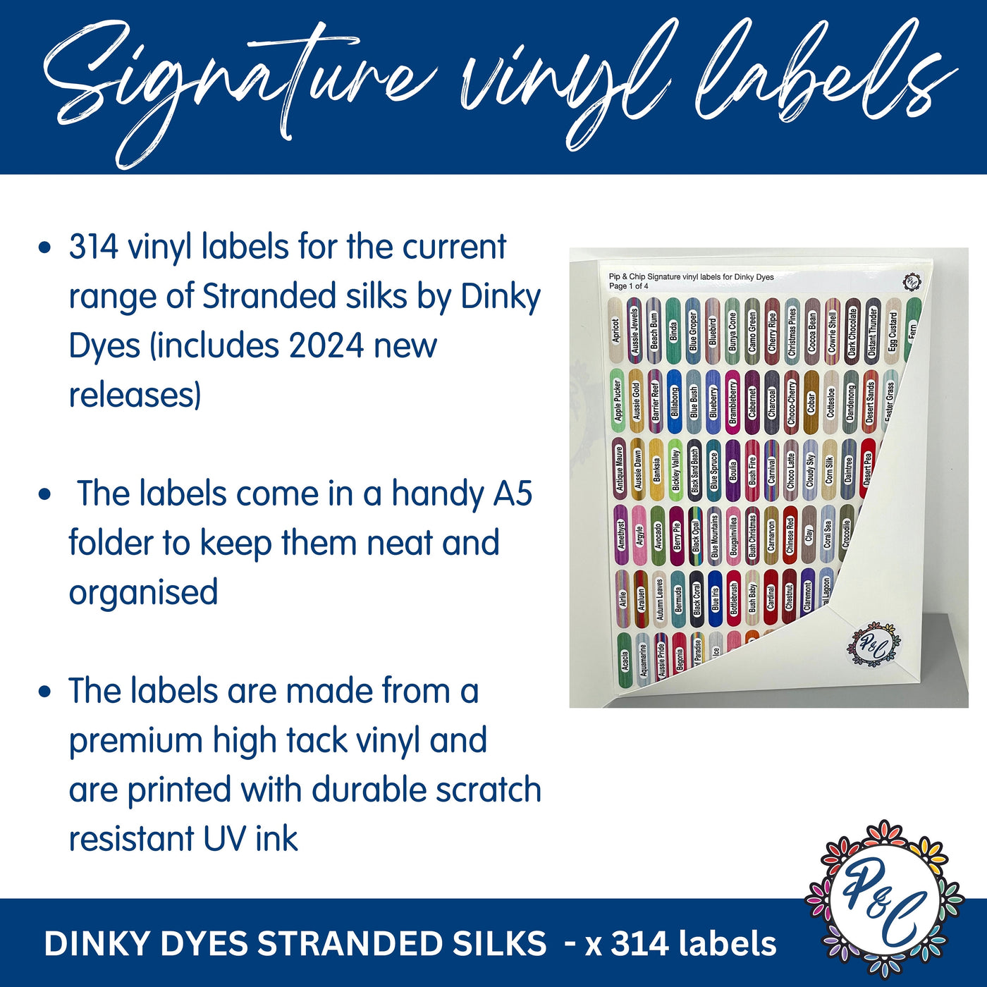 Dinky Dyes - Signature vinyl labels for Dinky Dyes stranded silks (x314 labels)