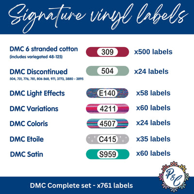 DMC - Signature vinyl labels for all DMC colours (x763 labels) | Includes Etoile, Coloris, Variations, Light Effects, Satin and Discontinued