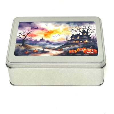 Haunted House WIP bobbin storage tin with foam insert to hold 30 bobbins for cross stitch / embroidery projects