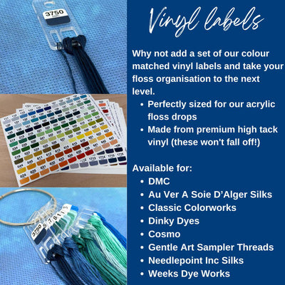 Clear Acrylic Floss Drops (sets of 20, 100 or 200) with optional vinyl labels