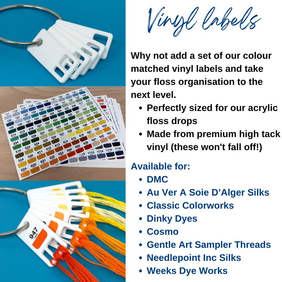 White Acrylic Floss Drops (sets of 20, 100 or 200) with optional vinyl labels