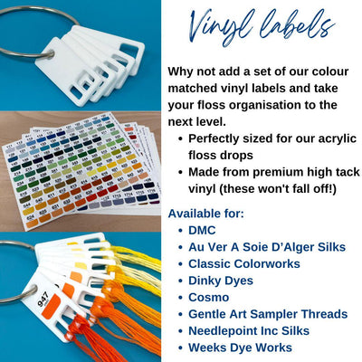 White Acrylic Floss Drops (sets of 20, 100 or 200) with optional vinyl labels