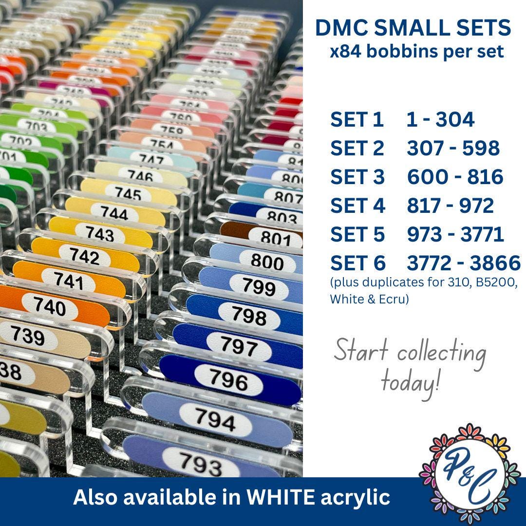 CLEAR 3mm acrylic bobbins with printed number and colour swatch for DMC - small sets (84 bobbins only - no floss included)