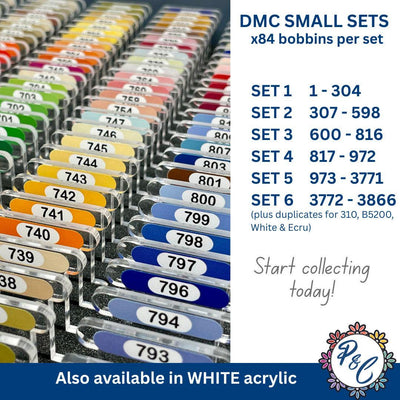 CLEAR 3mm acrylic bobbins with printed number and colour swatch for DMC - small sets (84 bobbins only - no floss included)