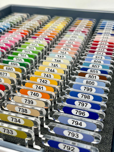 CLEAR 3mm acrylic bobbins with printed number and colour swatch for DMC - small sets (84 bobbins only - no floss included)