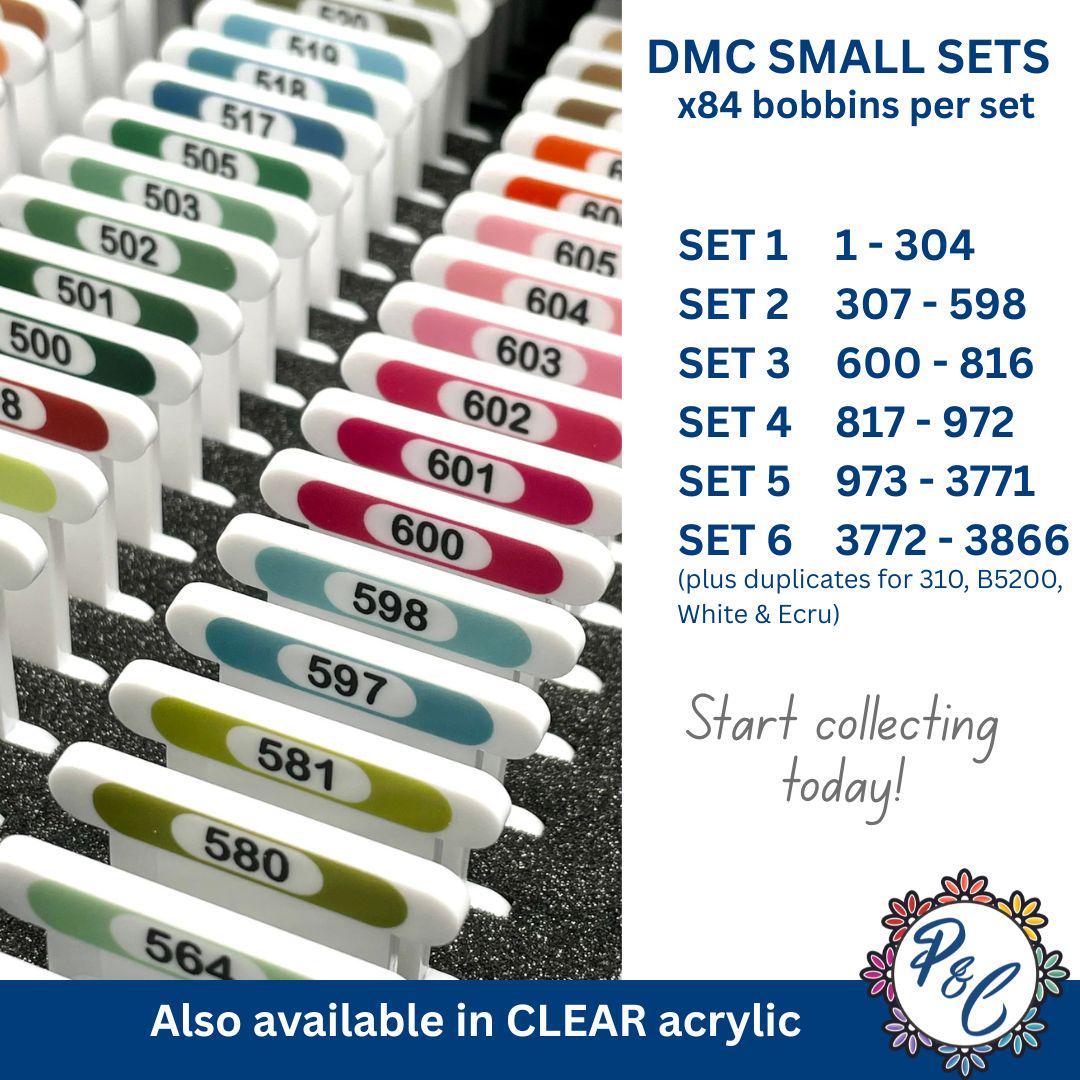 3mm acrylic bobbins with printed number and colour swatch for DMC - small sets (84 bobbins only - no floss included)