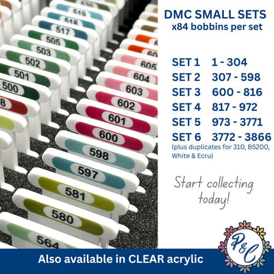 3mm acrylic bobbins with printed number and colour swatch for DMC - small sets (84 bobbins only - no floss included)