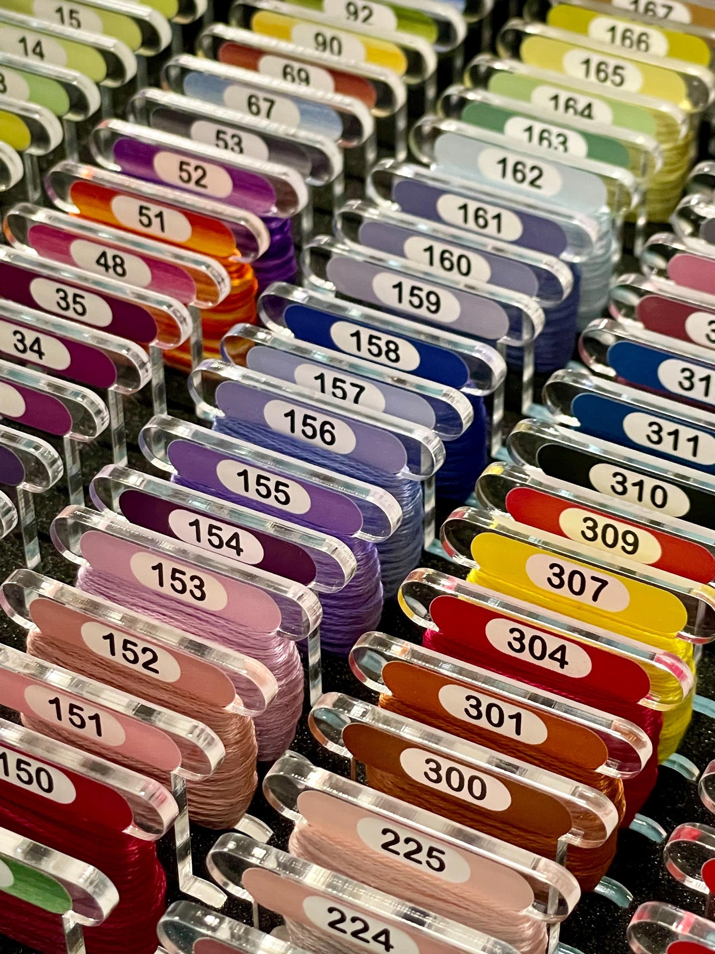 CLEAR 3mm acrylic bobbins with printed number and colour swatch for DMC - small sets (84 bobbins only - no floss included)