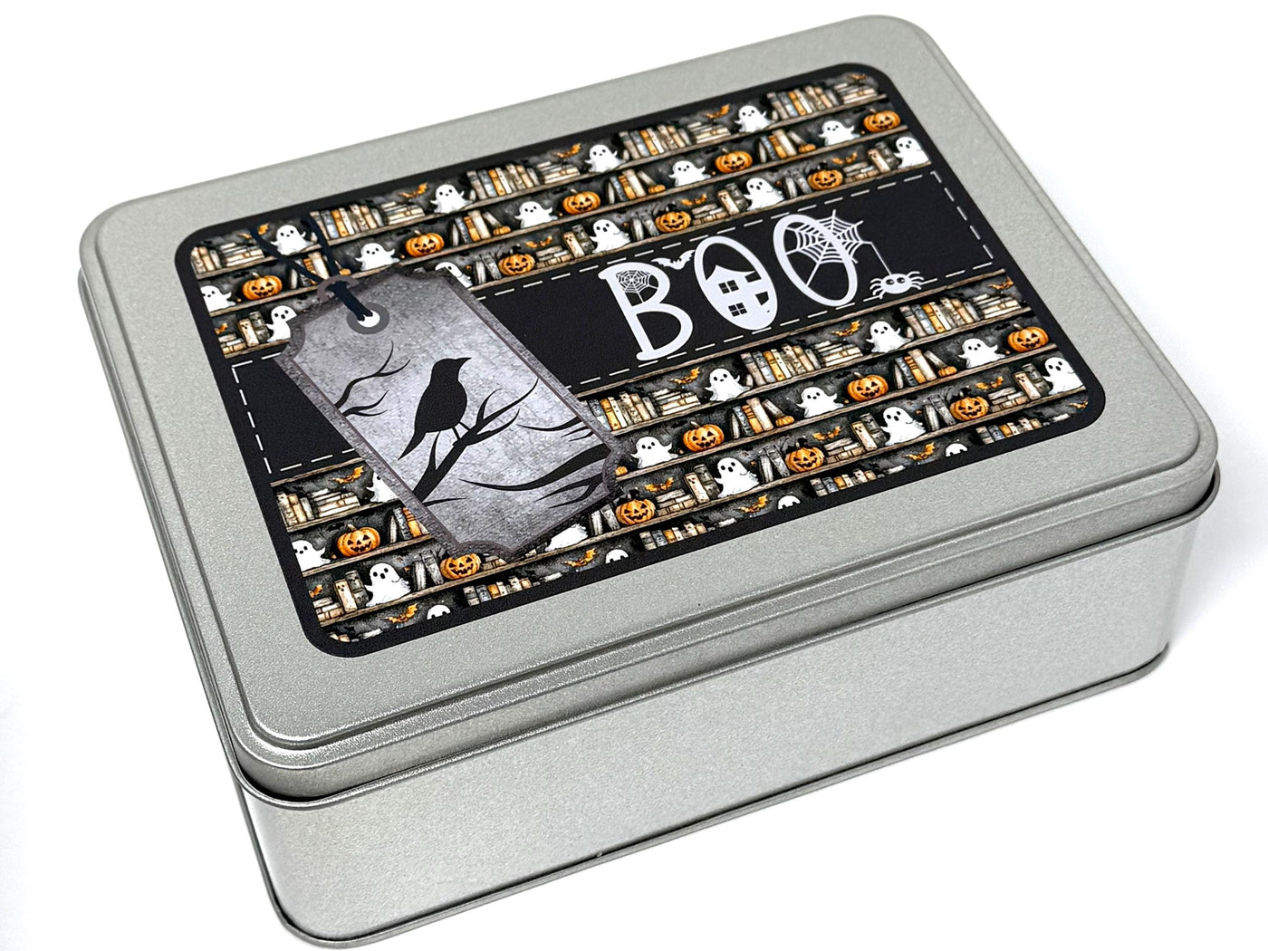 BOO Halloween WIP bobbin storage tin with foam insert to hold 30 bobbins for cross stitch / embroidery projects