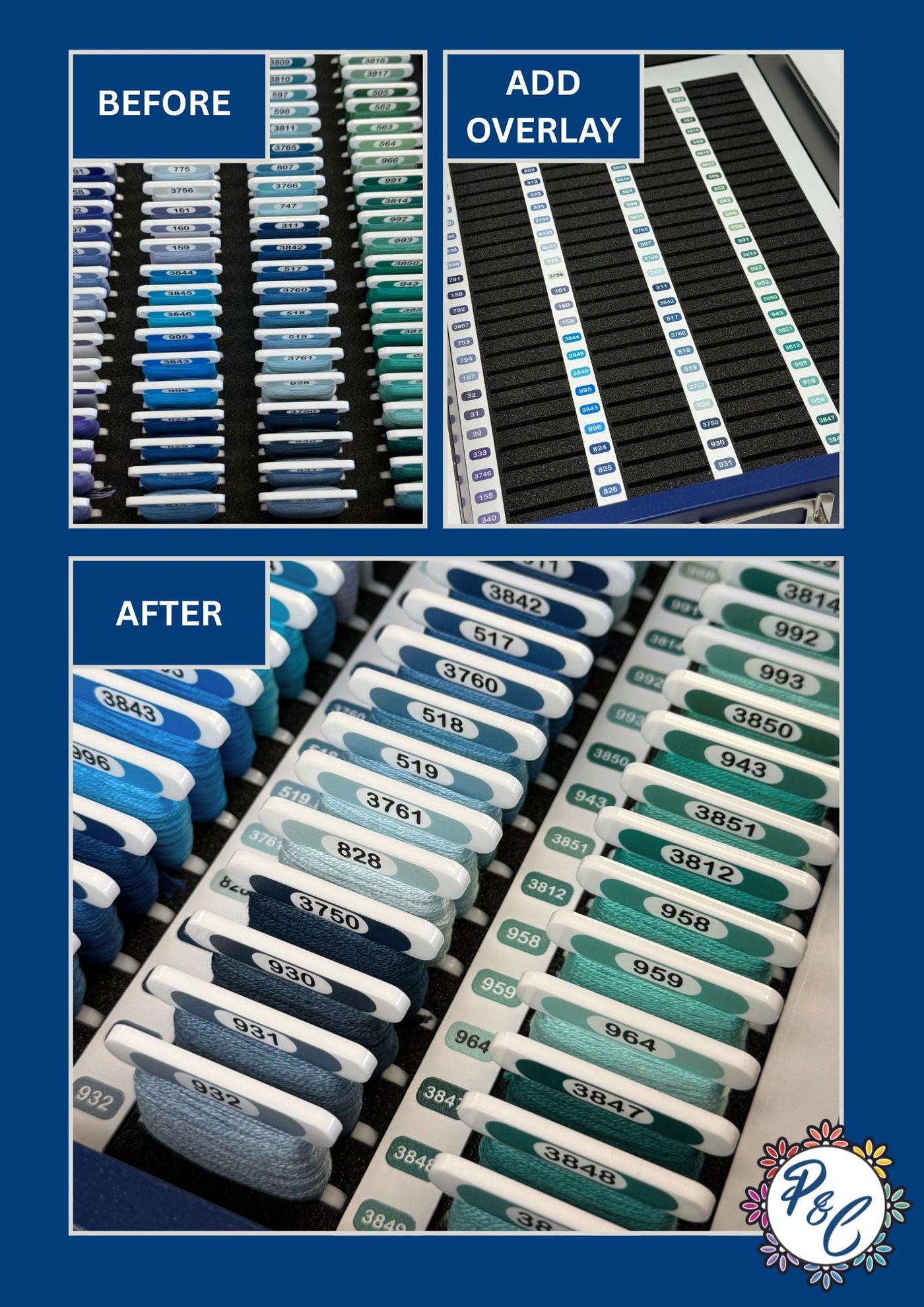 DMC Thread Layout Guide Overlays (set of 5) for Bisley Cabinet | Full 500 Colours Printed | Choose Numerical or Colour Group