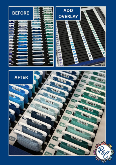 DMC Thread Layout Guide Overlays (set of 5) for Bisley Cabinet | Full 500 Colours Printed | Choose Numerical or Colour Group