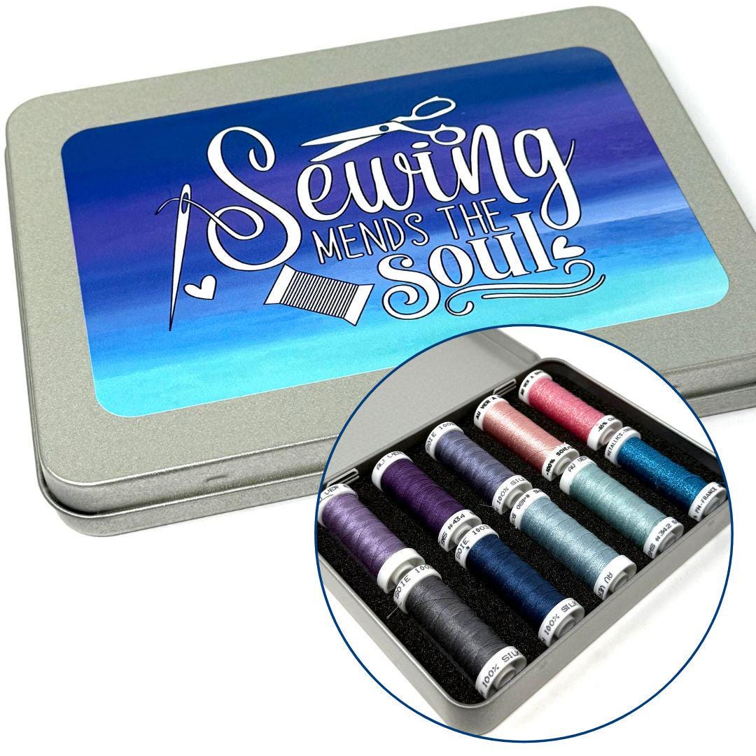 Sewing Mends the Soul Storage Tin for 10 spools | Choice of Foam inserts for Sulky, Gutermann, Au Ver a Soire | spools not included