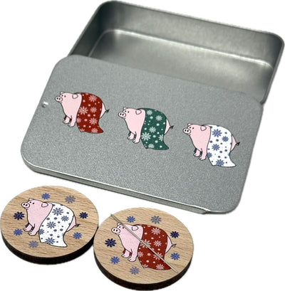 Pigs in Blankets Needle Minder magnet with tin - Cross stitch / embroidery gift