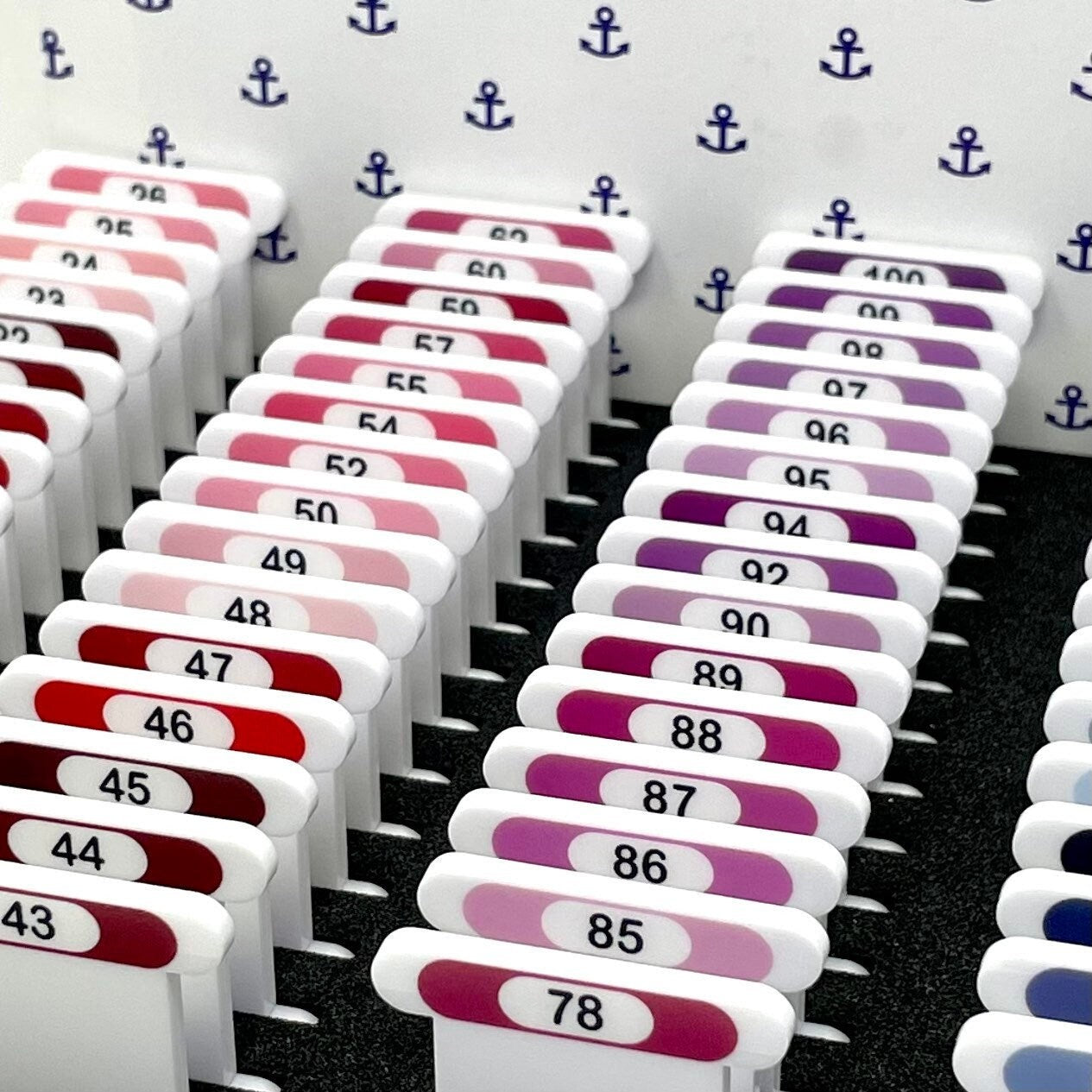 Pip and Chip Acrylic floss storage bobbins with printed number and colour swatch for Anchor stranded cottons for cross stitch and embroidery 