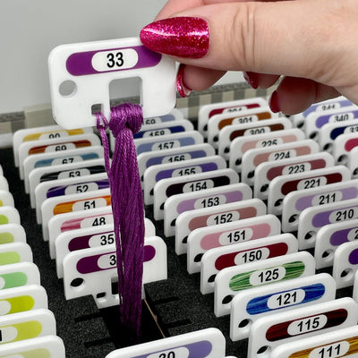 DMC Floss Chip Storage system - Acrylic floss chips by Pip and Chip stored in an Ikea Kvarnvik box 