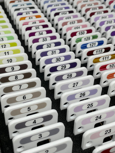 DMC Floss Chip storage system - Acrylic floss  chips lined up on frame by Pip and Chip designed for IKEA Kvarnvik box 