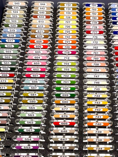 Clear acrylic DMC bobbins for cross stitch thread organisation by Pip & Chip