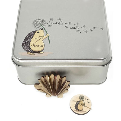 Personalised tin with 20 hedgehog floss bobbins and needle minder for cross stitch and embroidery projects