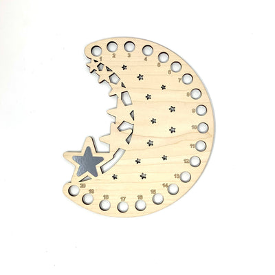 Moon and stars thread/floss holder with needle minder for cross stitch and embroidery.