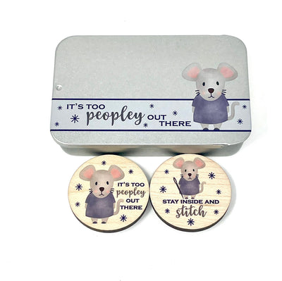 Reversible &#39;Too Peopley&quot; needle minder magnet with tin - Cross stitch / embroidery gift