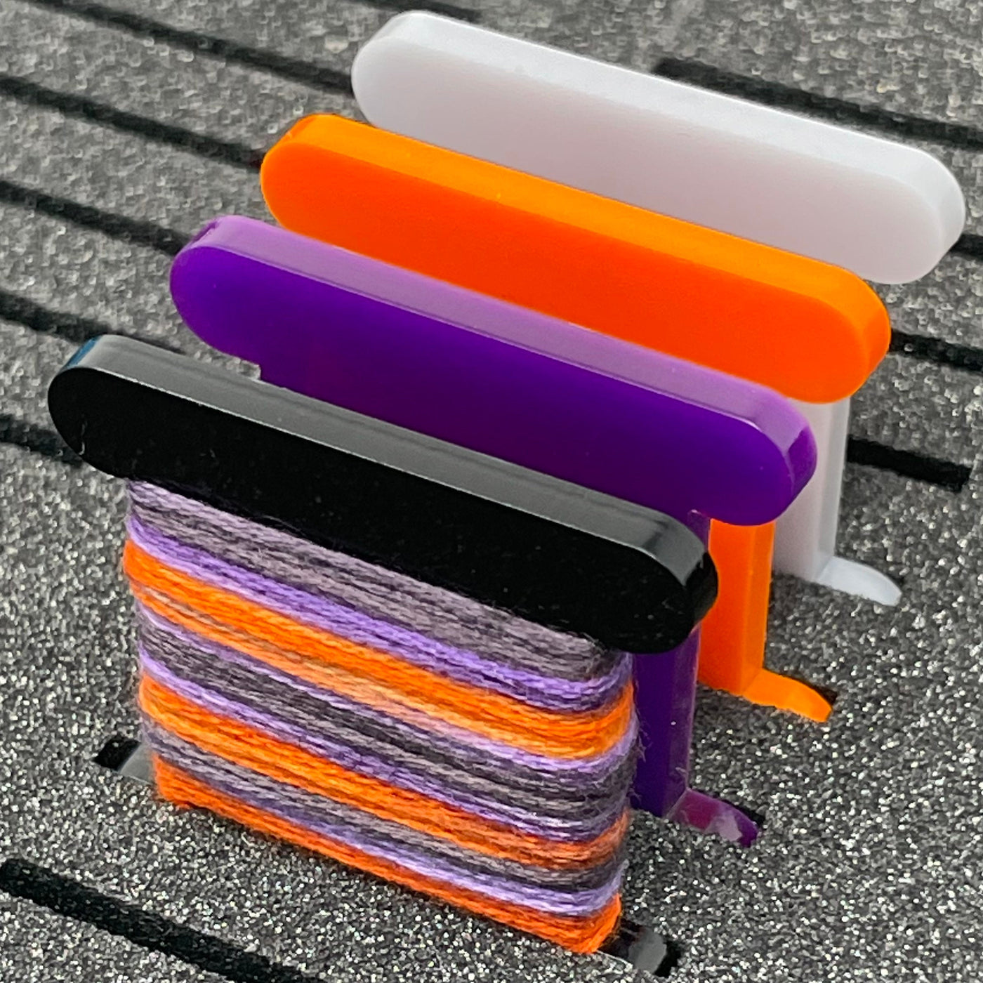HALLOWEEN MIX - black, orange, grey & purple 3mm acrylic bobbins  (set of 24 bobbins)