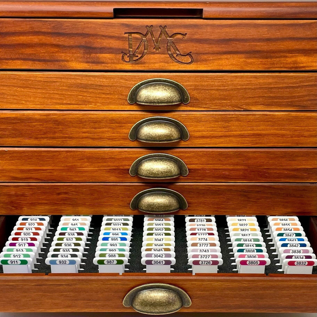 DMC 3mm acrylic bobbins with printed number and colours - sized for DMC wooden vintage cabinet