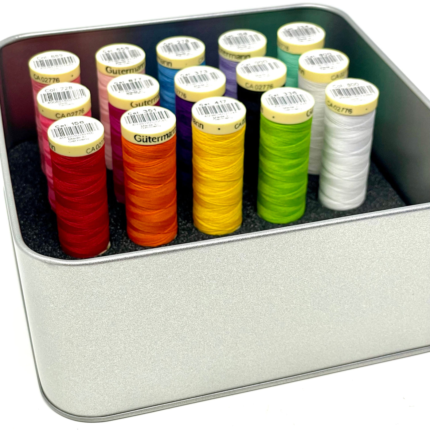 Gutermann storage tin with foam insert to hold 25 spools (not included)