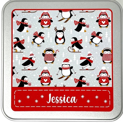 Personalised Winter Penguin tin - WIP bobbin storage tin for cross stitch / embroidery projects