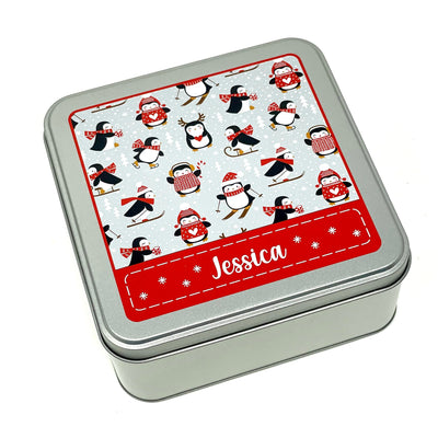 Personalised Winter Penguin tin - WIP bobbin storage tin for cross stitch / embroidery projects
